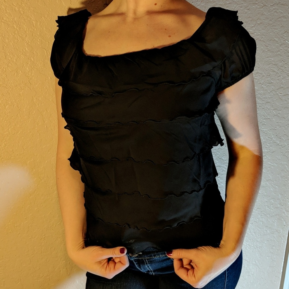 Trina Turk ruffle tiers black dress shirt size S